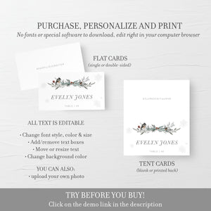 Christmas Wedding Place Card Template, Christmas Wedding Table Decor, Winter Wedding Table Decorations, Editable DIGITAL DOWNLOAD - FB100
