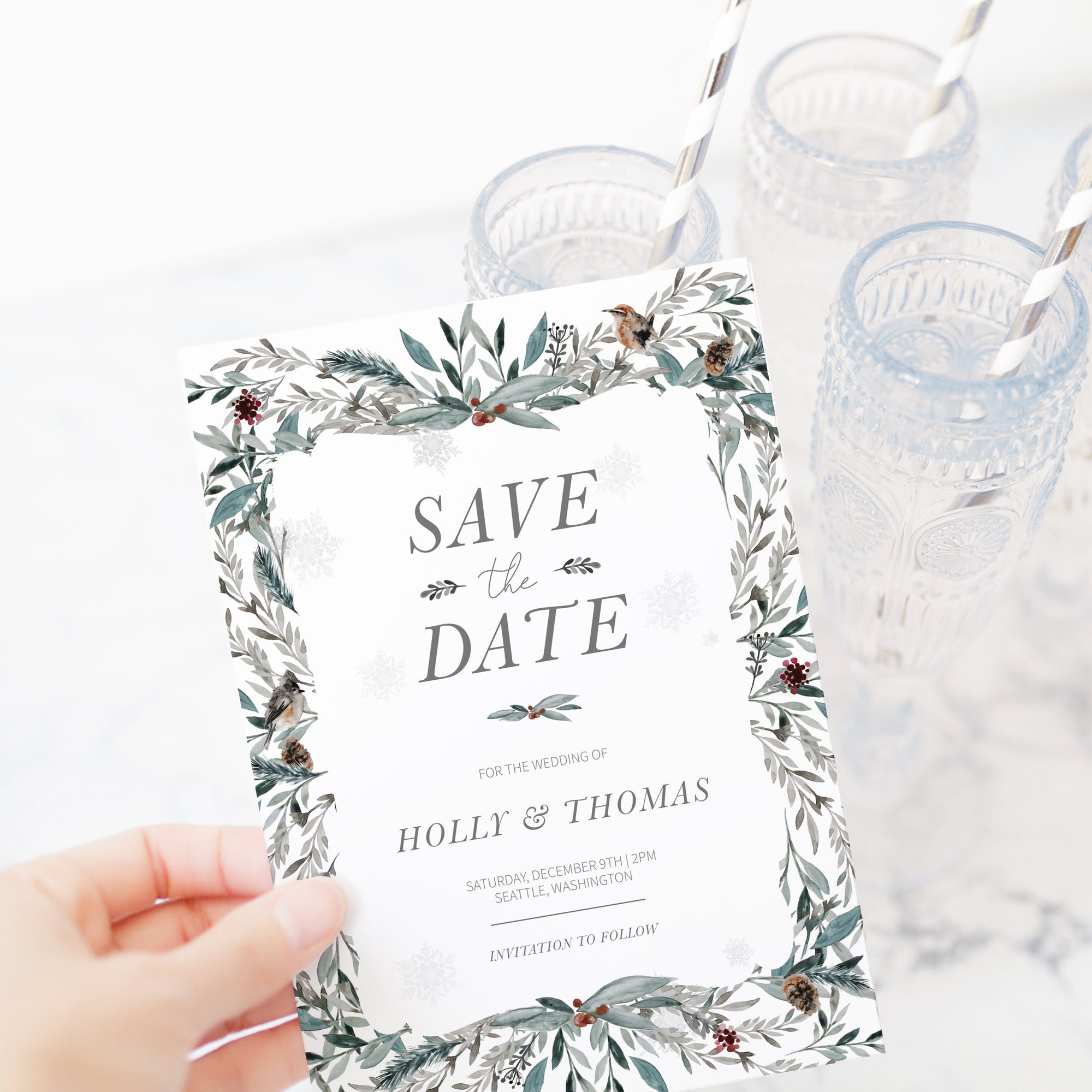Winter Save The Date Template, Rustic Christmas Wedding Save The Date Card, Editable Wedding Engagement Announcement Ideas, 5x7 - FB100