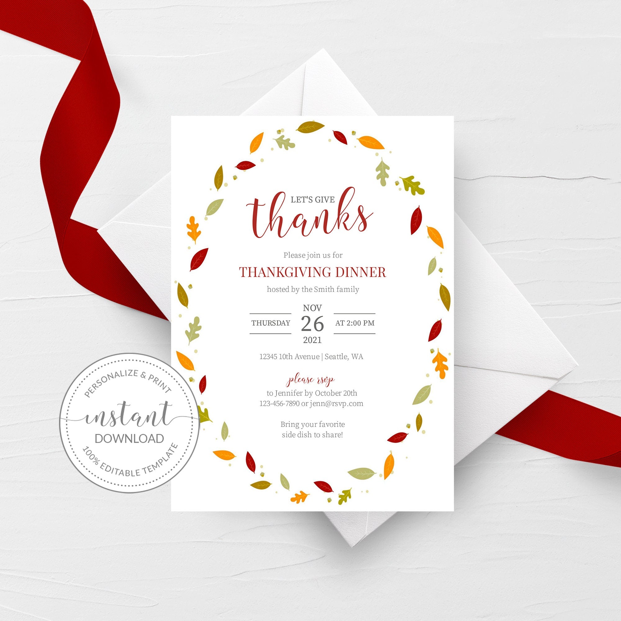 Thanksgiving Invitation Template, Give Thanks, Printable Thanksgiving Dinner Invitation, Thanksgiving Party Invite, INSTANT DOWNLOAD FL100