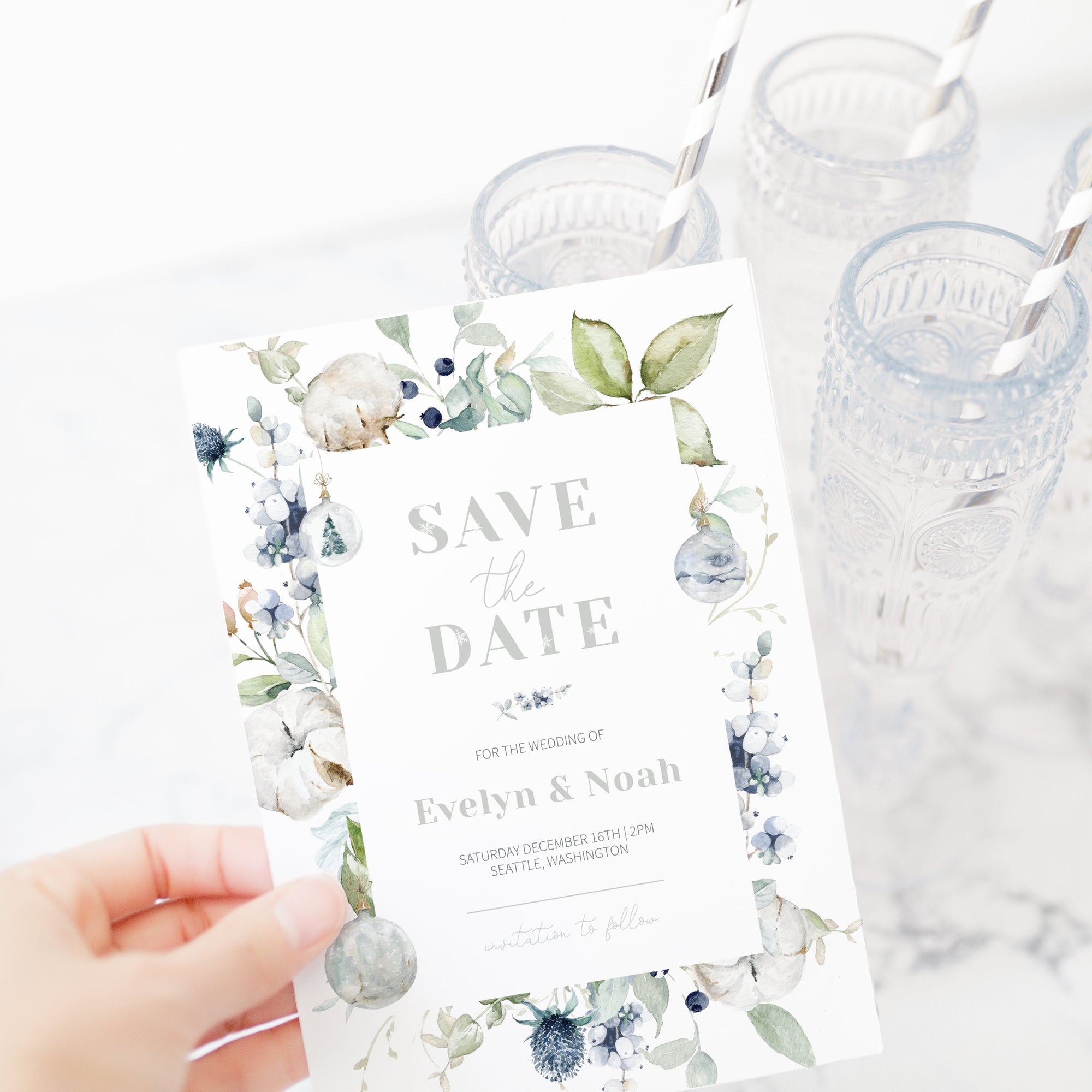 Christmas Wedding Save The Date Card, Editable Wedding Engagement Announcement Ideas, Pastel Winter Save The Date Template, 5x7 - AW100