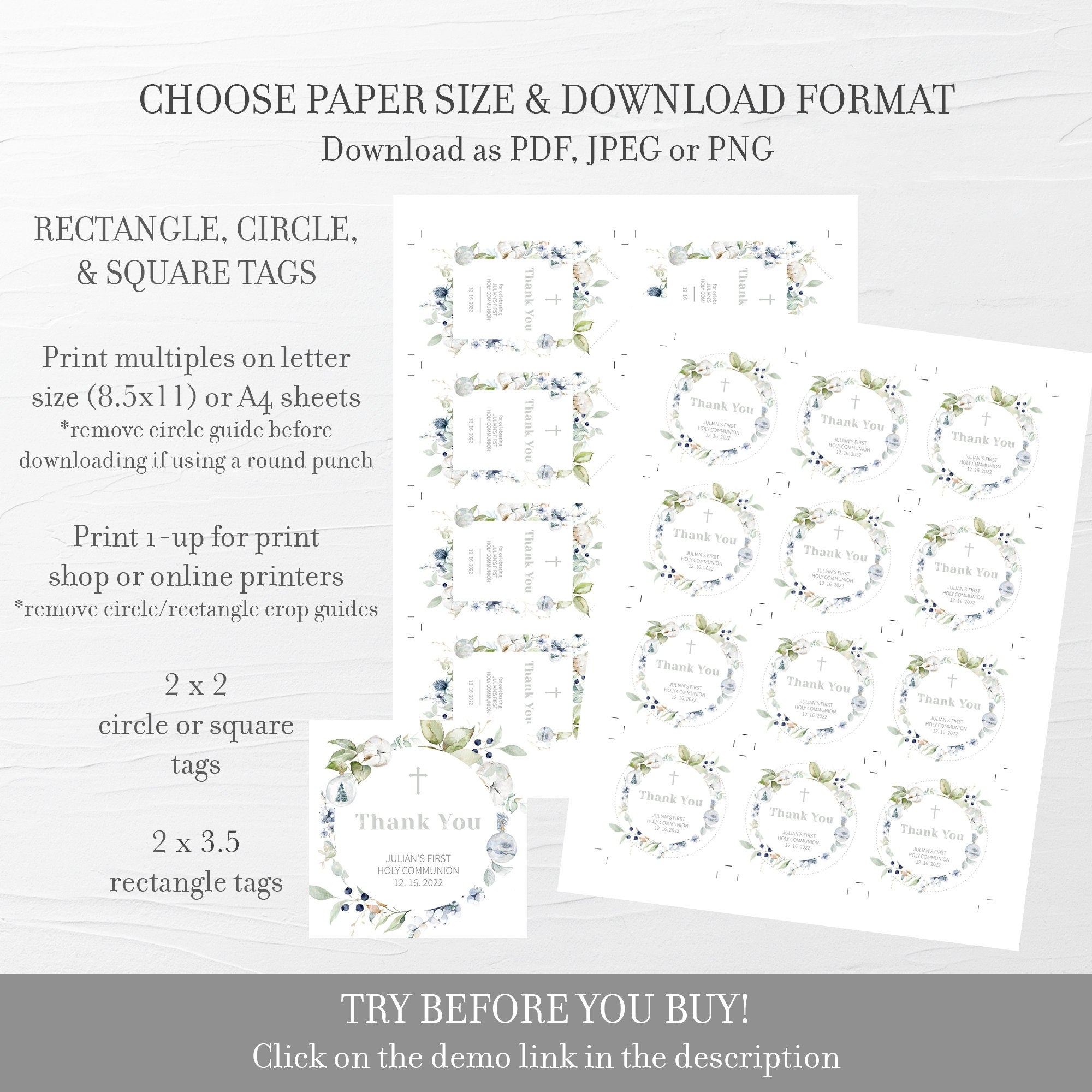 Christmas First Holy Communion Favor Tags Printable Template, Pastel Winter Favor Tags, First Communion Thank You, DIGITAL DOWNLOAD AW100