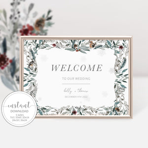 Winter Wedding Welcome Sign Template, Large Christmas Wedding Welcome Sign, Printable Wedding Decorations, Editable DIGITAL DOWNLOAD FB100