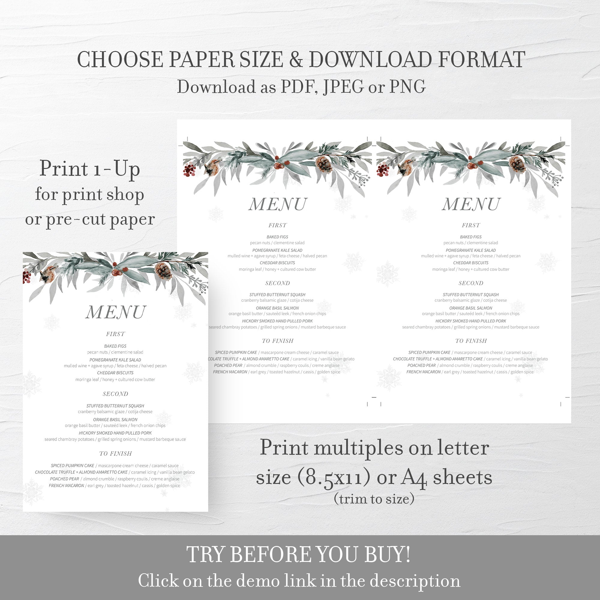 Christmas Menu Template, Christmas Table Decor, Rustic Greenery Christmas Dinner Menu Printable, Editable DIGITAL DOWNLOAD - FB100