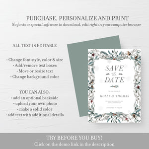 Winter Save The Date Template, Rustic Christmas Wedding Save The Date Card, Editable Wedding Engagement Announcement Ideas, 5x7 - FB100