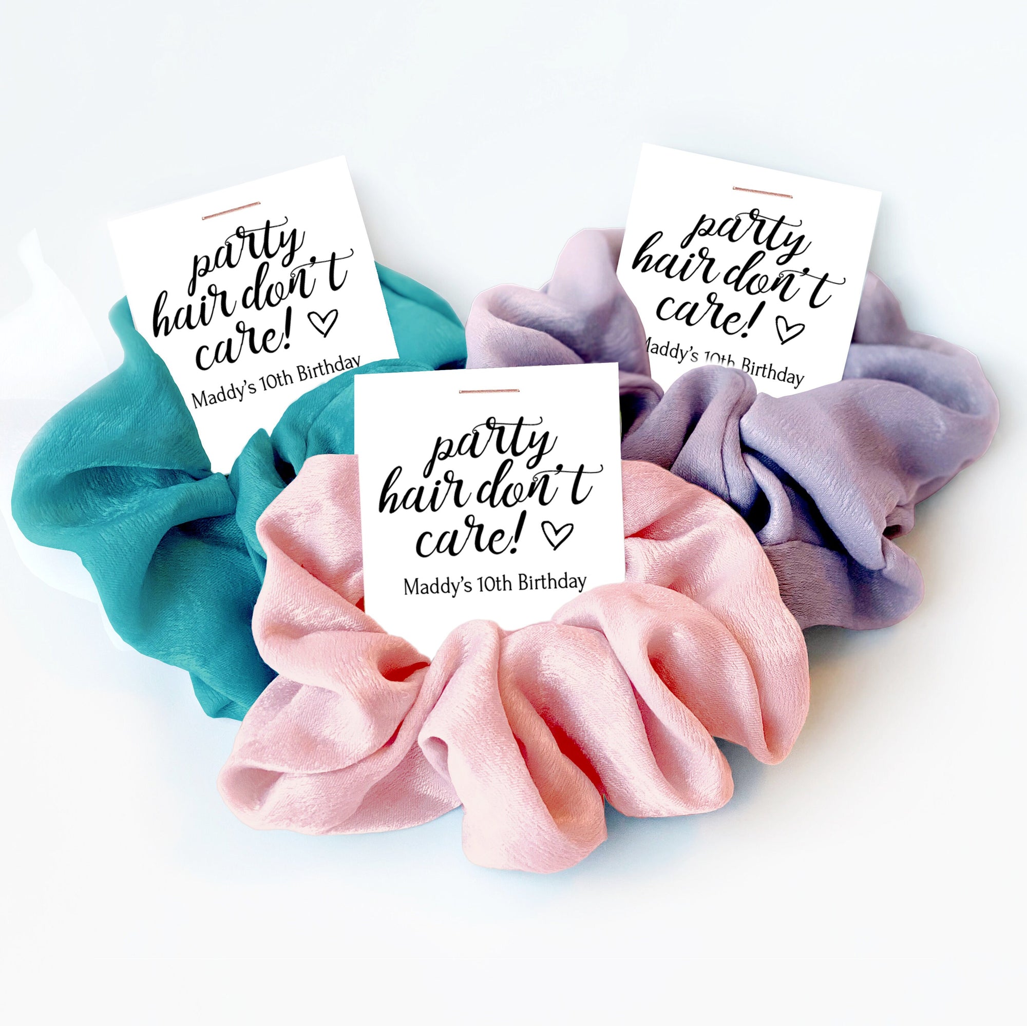 Hair Scrunchie Birthday Party Favors for Girls and Women, Personalized Goodie Bag Fillers, Thank You Guest Gifts, Party Hair Don&#39;t Care