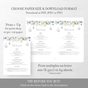 Christmas Wedding Menu Template, Winter Wedding Menu Card, Wedding Table Decor, Dusty Blue Wedding Menu Printable, DIGITAL DOWNLOAD - AW100