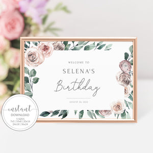 Boho Rose Birthday Party Welcome Sign Template, Large Welcome Sign Printable, Blush Floral Party Sign, Personalized DIGITAL DOWNLOAD BR100