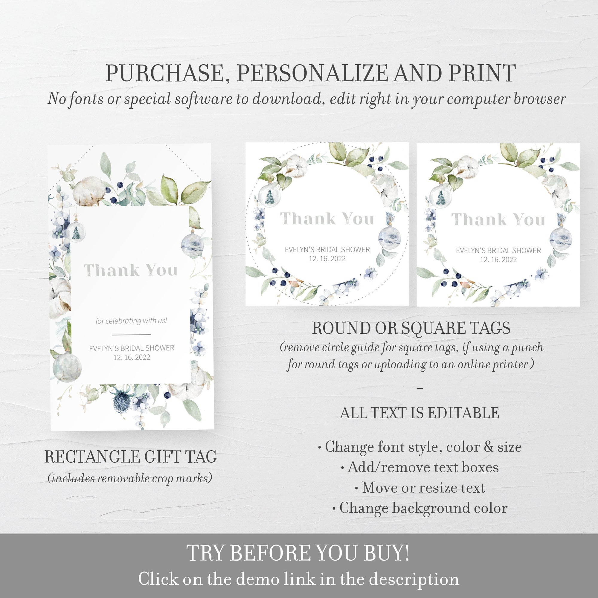 Printable Christmas Bridal Shower Favor Tags Template, Winter Bridal Shower Gift Tag, Pastel Bridal Shower Thank You, INSTANT DOWNLOAD AW100