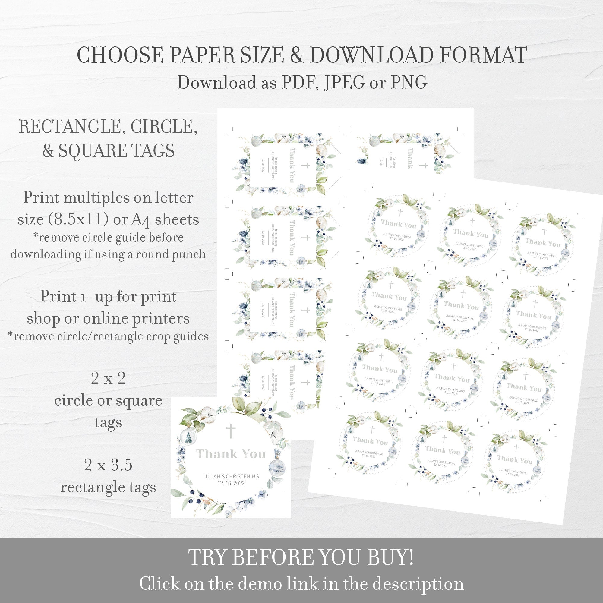 Printable Christmas Christening Favor Tags Girl or Boy, Pastel Winter Christening Favor Tag Template, Thank You Tags, INSTANT DOWNLOAD AW100