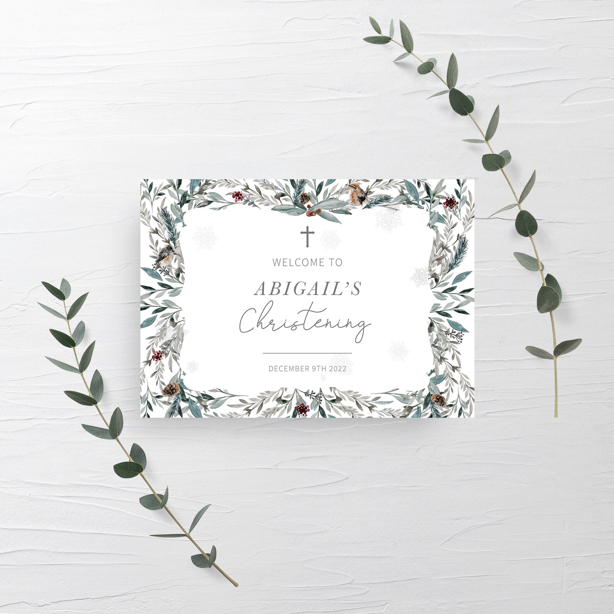 Winter Christening Welcome Sign Template, Christmas Christening Decorations, Winter Woodland Sign Printable, DIGITAL DOWNLOAD - FB100