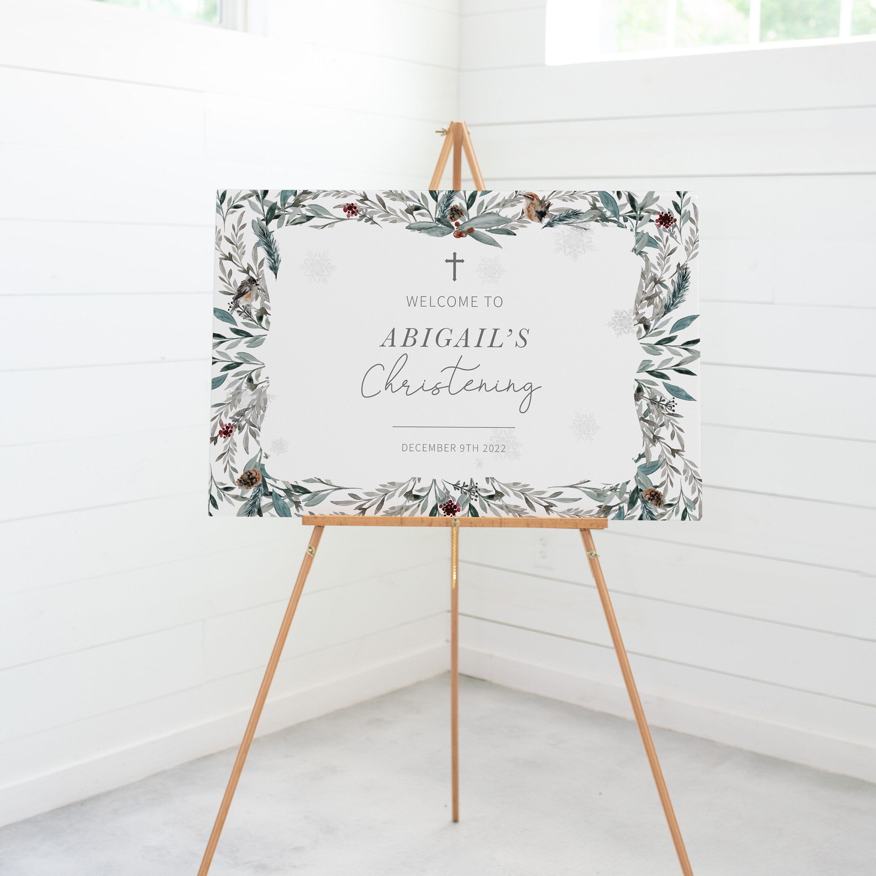 Winter Christening Welcome Sign Template, Christmas Christening Decorations, Winter Woodland Sign Printable, DIGITAL DOWNLOAD - FB100