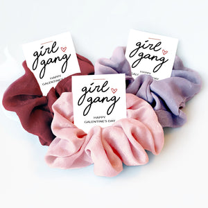 Girl Gang Hair Scrunchie Galentines Day Gift for Friends, Galentine&#39;s Party Favors, Galentine Party, Galentines Day Card with Scrunchie