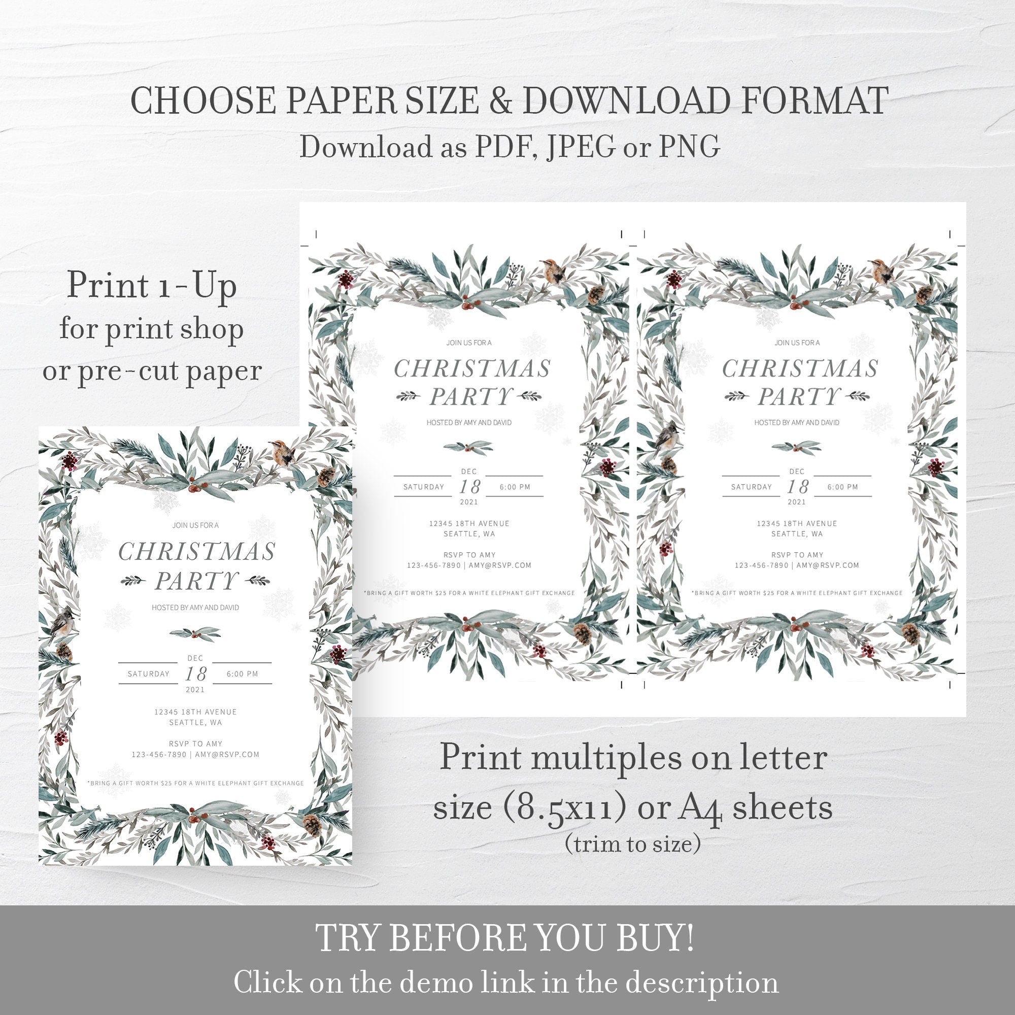 Printable Christmas Party Invitations Instant Download, Friends Christmas Party Invitation, Christmas Party Invites Editable Template, FB100