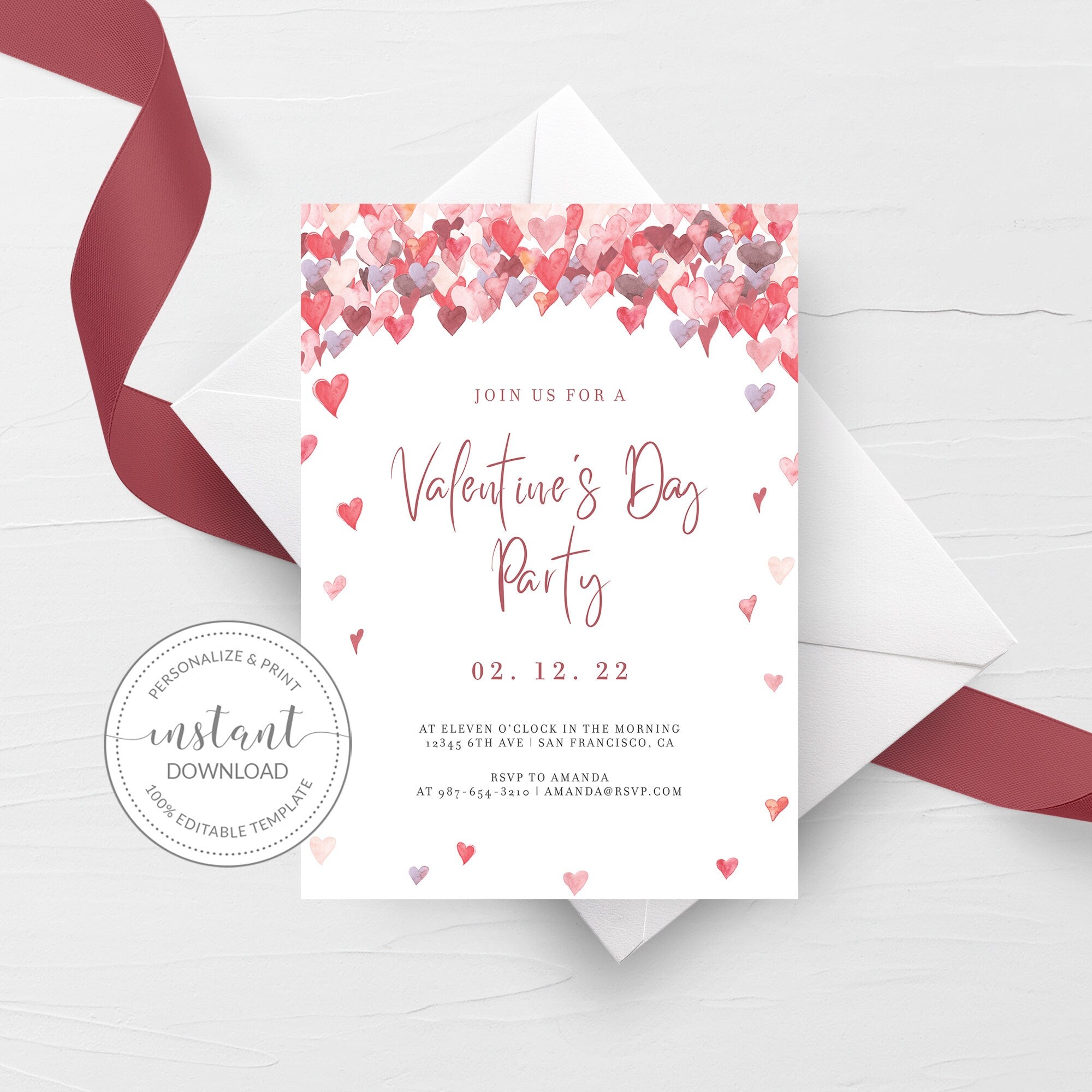 Valentines Day Party Invite Template, Valentines Brunch Invitation, Printable Valentine Party Invitation, INSTANT DOWNLOAD VH100