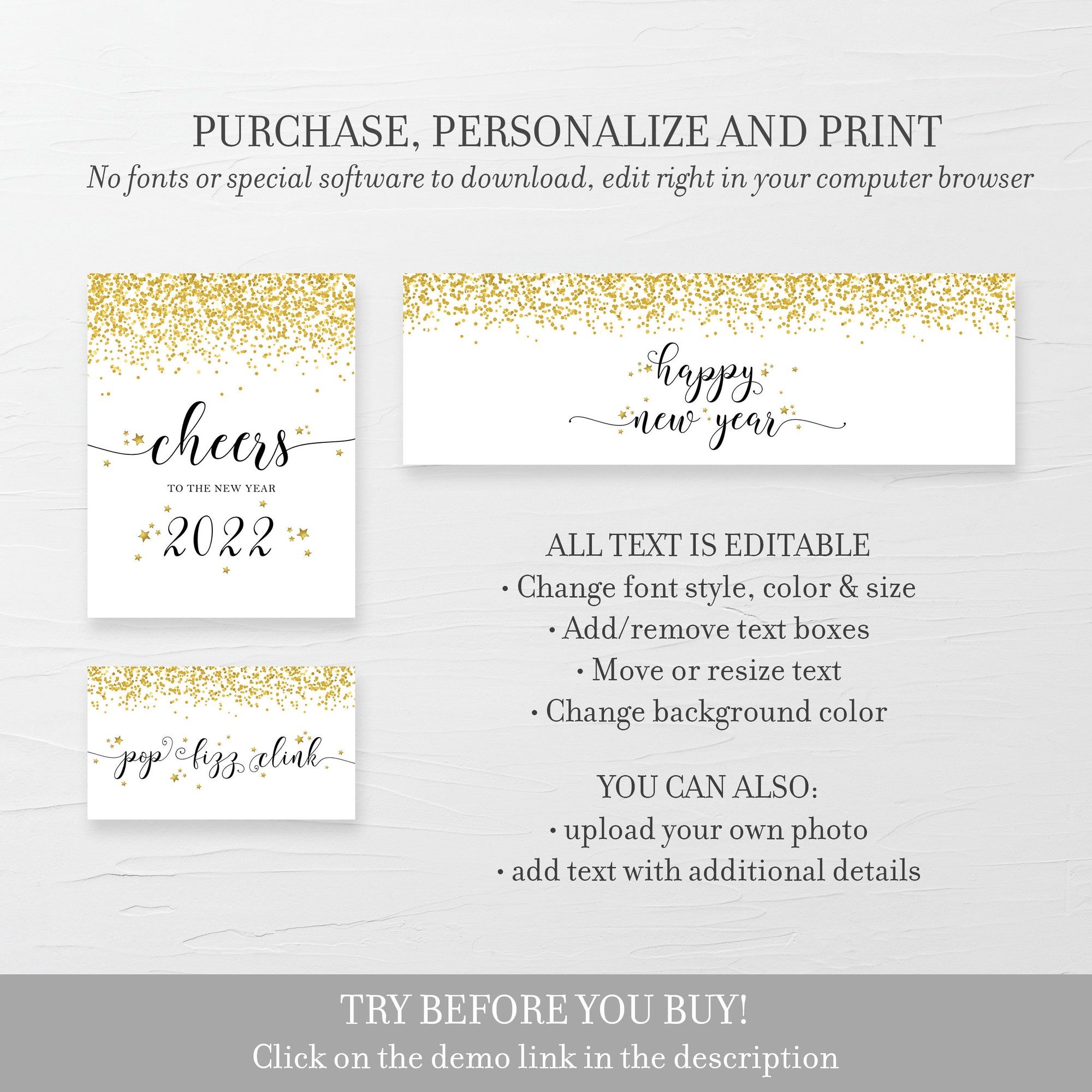 Printable New Years Eve Wine Bottle Labels, New Years Party Custom Wine Bottle Labels, Wine Favor Tag Template, DIGITAL DOWNLOAD NY100