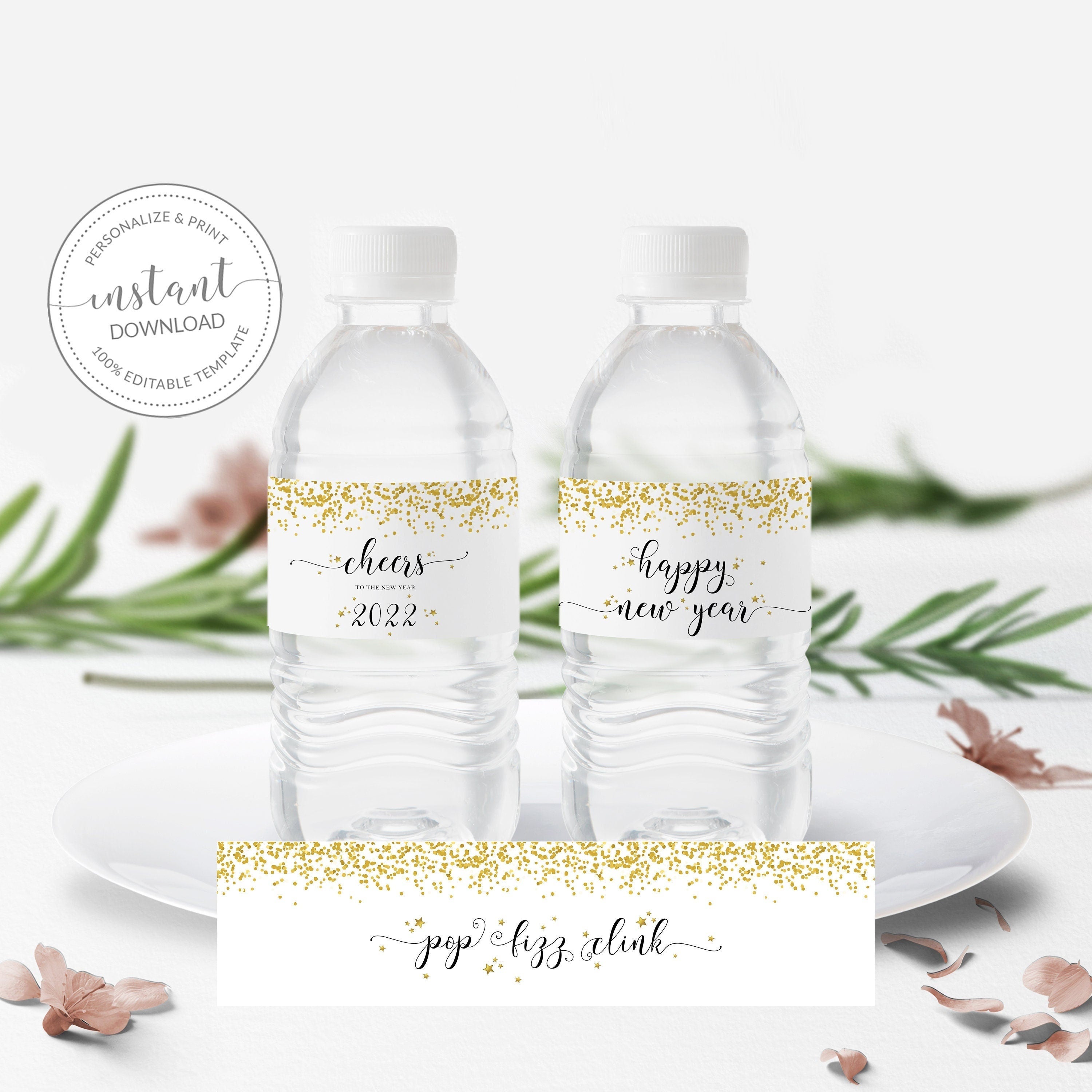 New Years Eve Water Bottle Labels Template, Personalized New Years Party Bottle Wrapper, Printable Drink Label, INSTANT DOWNLOAD NY100
