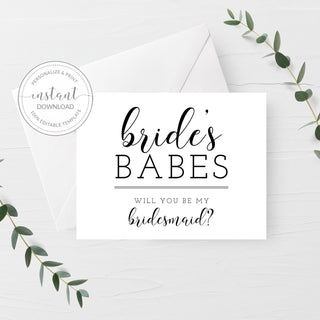 Bridesmaid Proposal Card Printable, Will You Be My Bridesmaid Ask Card, Brides Babes Card Template, DIGITAL DOWNLOAD, A2 Size