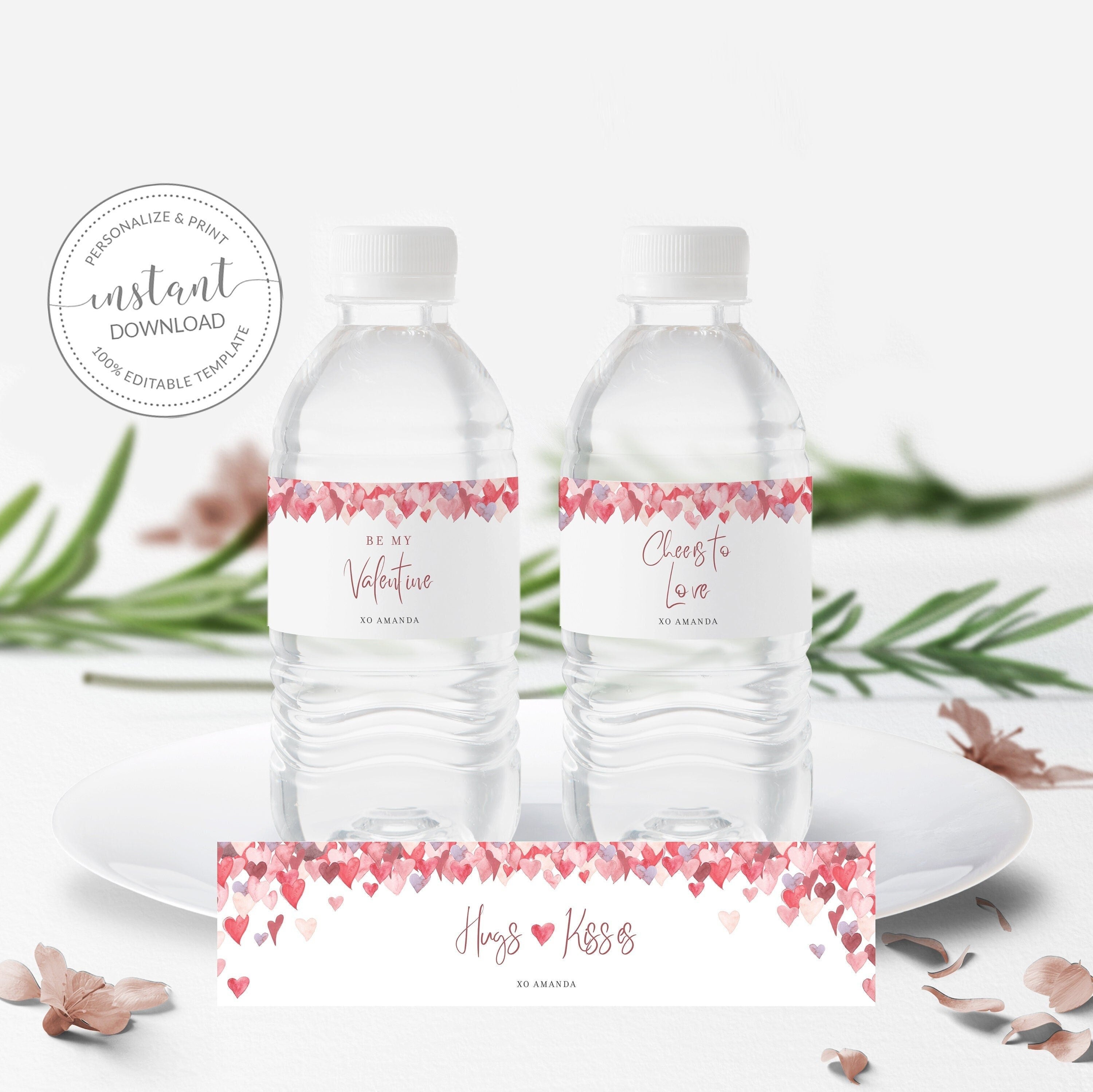 Valentines Day Party Water Bottle Labels Template, Be My Valentine, Printable Bottle Wrapper, Hearts Drink Label, INSTANT DOWNLOAD VH100