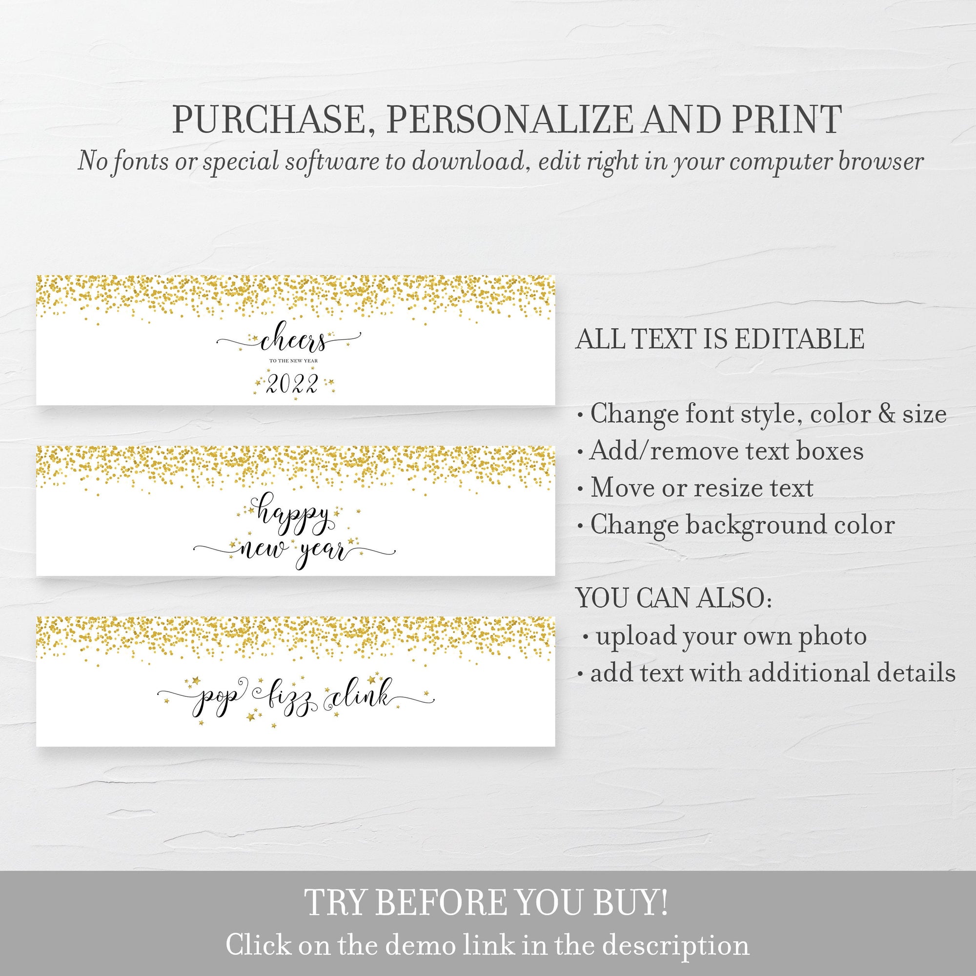 New Years Eve Water Bottle Labels Template, Personalized New Years Party Bottle Wrapper, Printable Drink Label, INSTANT DOWNLOAD NY100
