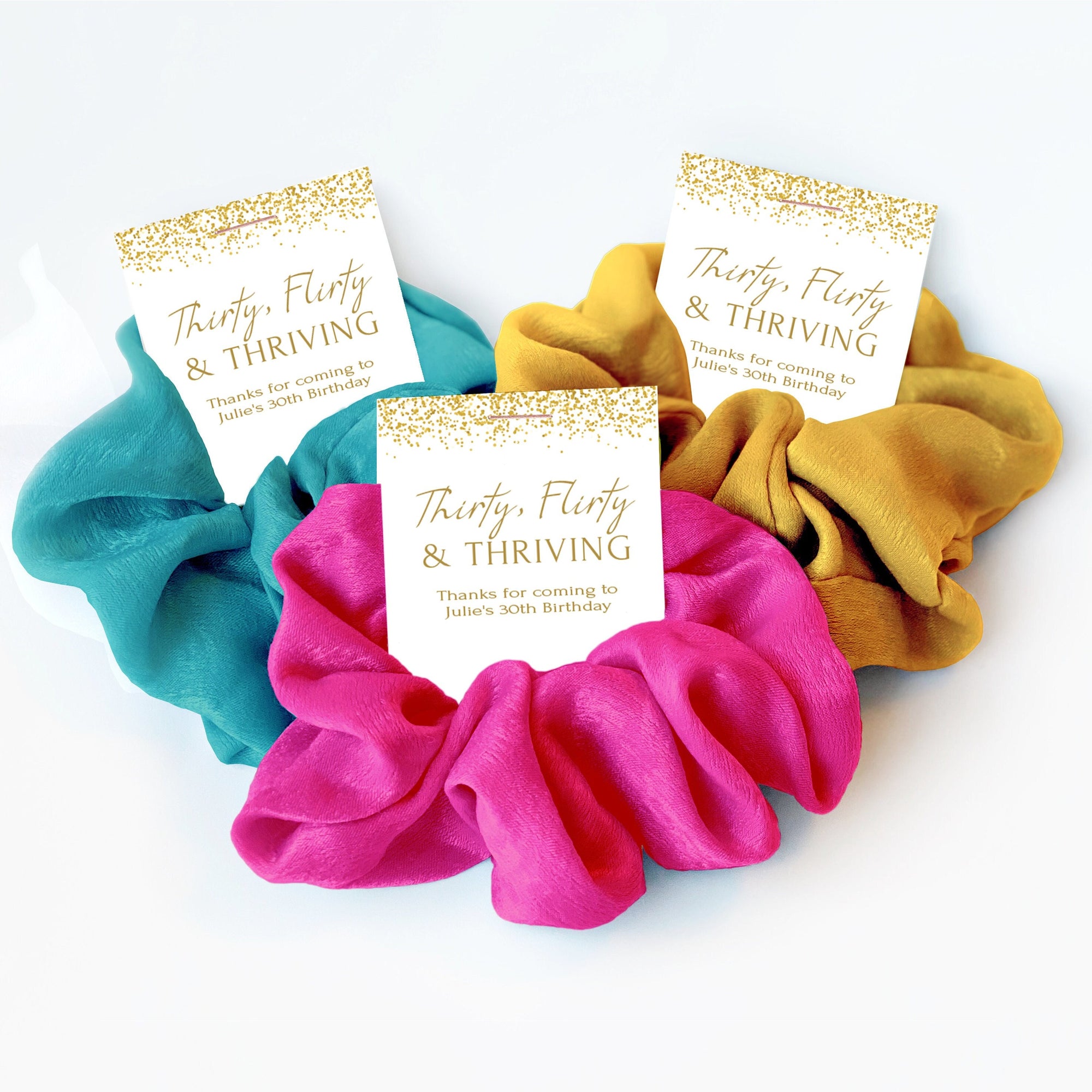 30th Birthday Party Favors for Women, Hair Scrunchies, Thirty Flirty and Thriving 30th Birthday Favors, Thirtieth Birthday Supplies
