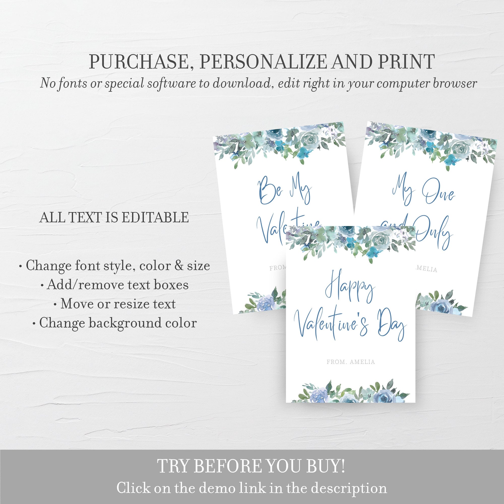 Printable Valentine Cards For Kids, Blue Floral Valentine Day Card Printable Template, Personalized Valentines, DIGITAL DOWNLOAD BF100