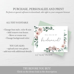 Bridesmaid Proposal Card Printable, Bridesmaid Proposal Card Template, Will You Be My Bridesmaid, DIGITAL DOWNLOAD, A2 Size - BR100