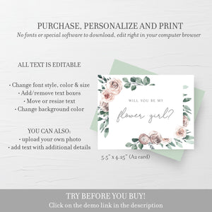 Printable Flower Girl Proposal Card, Will You Be My Flower Girl Ask Card, Pink Floral Bridal Proposal Card, DIGITAL DOWNLOAD, A2 Size