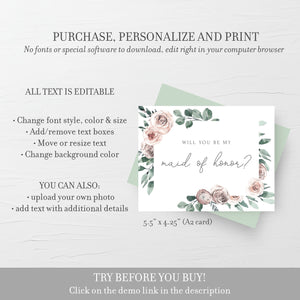 Printable Maid Of Honor Proposal Card, Will You Be My Maid Of Honor Ask Card, Pink Floral Proposal Card Printable, DIGITAL DOWNLOAD, A2 Size