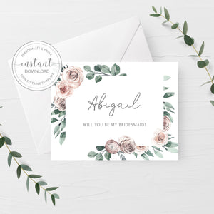 Personalized Bridesmaid Proposal Card Printable, Bridesmaid Proposal Card Template, Will You Be My Bridesmaid, DIGITAL DOWNLOAD, A2 - BR100