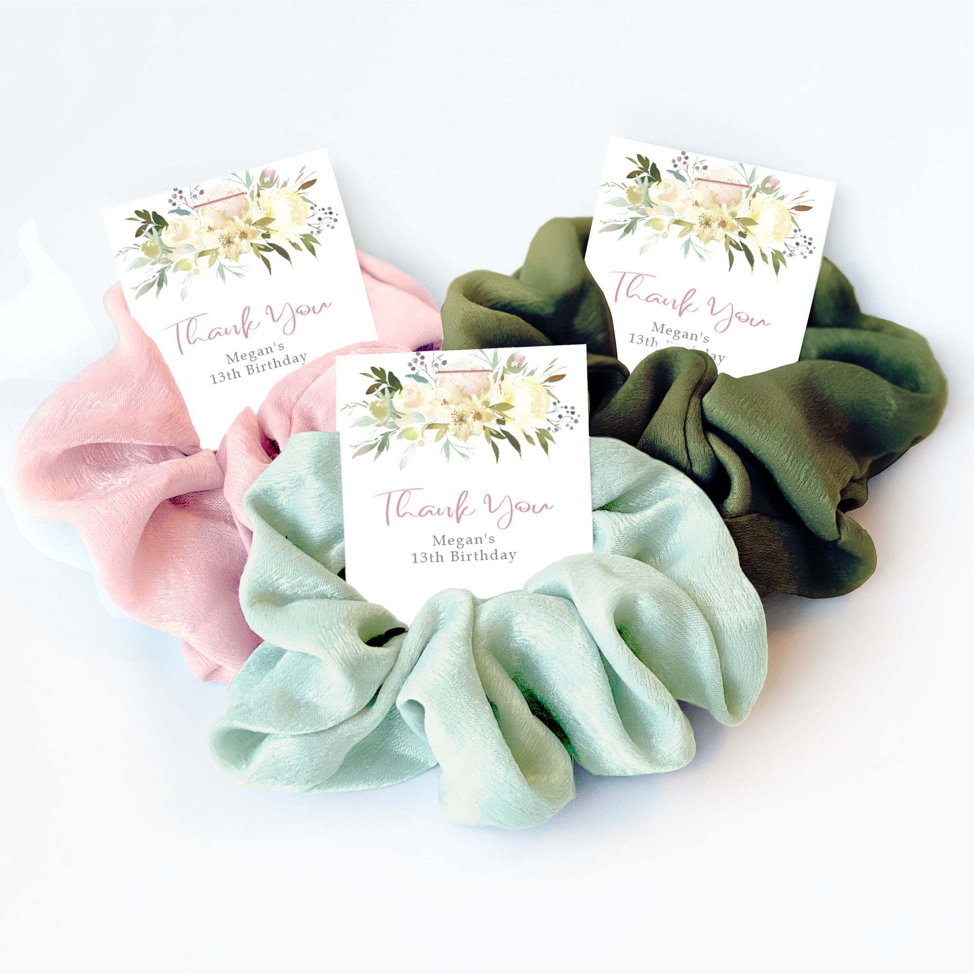 Hair Scrunchie Party Favors, Birthday Party Favors for Girls, 13th Birthday Favors, Blush Pastel Floral Birthday Thank You Gifts for Guests