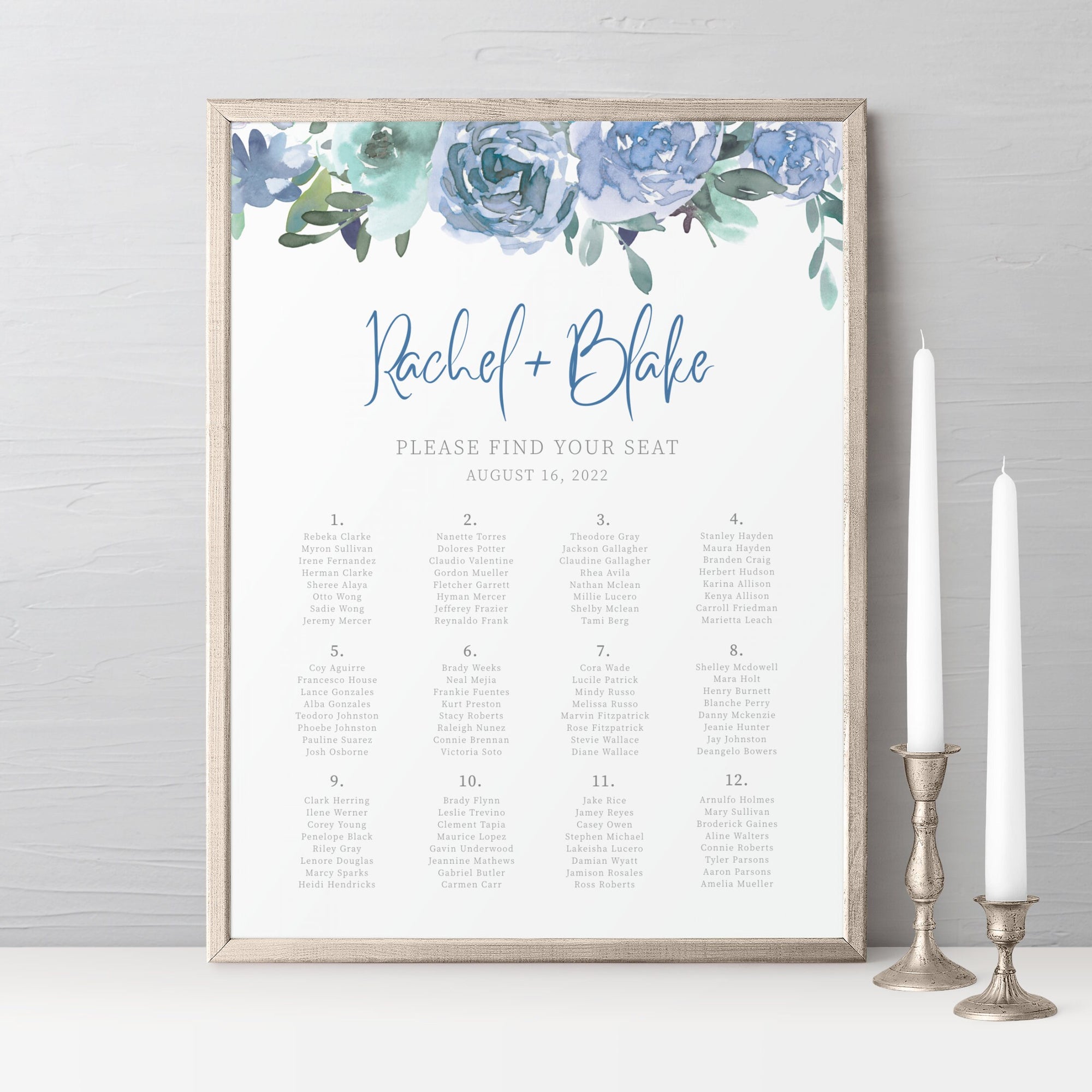 Blue Floral Wedding Seating Chart Poster Template, Printable Alphabeti