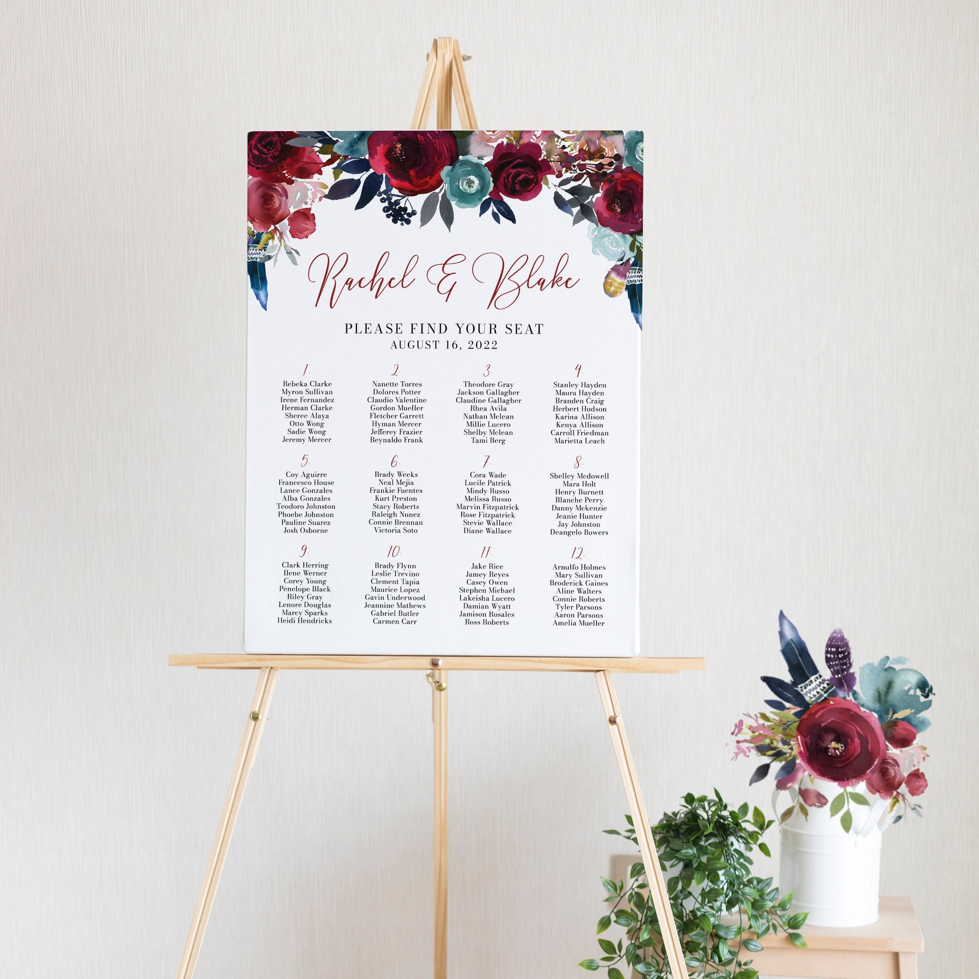 Burgundy and Nay Wedding Seating Chart Poster Template, Printable Alph