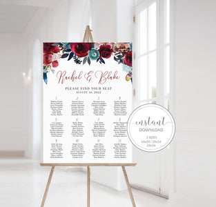 Seating Chart Poster Template, Alphabetical Wedding Seating Chart Board, Red Wedding Reception Seating Chart Sign Printable, DIGITAL BB100