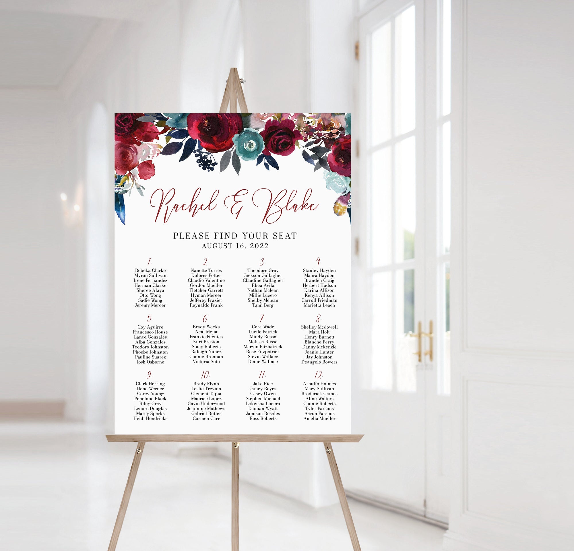 Seating Chart Poster Template, Alphabetical Wedding Seating Chart Board, Red Wedding Reception Seating Chart Sign Printable, DIGITAL BB100