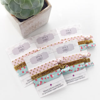 Personalized Baby Shower Favors, Unique Baby Shower Favours Girl, Hair Tie Favors, Party Favours Baby Shower, Girl Baby Shower Favors - @PlumPolkaDot 